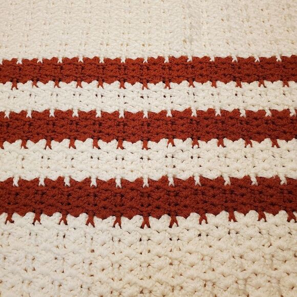 Vintage Handmade Crochet Throw Blanket Off White with Burnt Orange Stripes - Picture 7 of 10